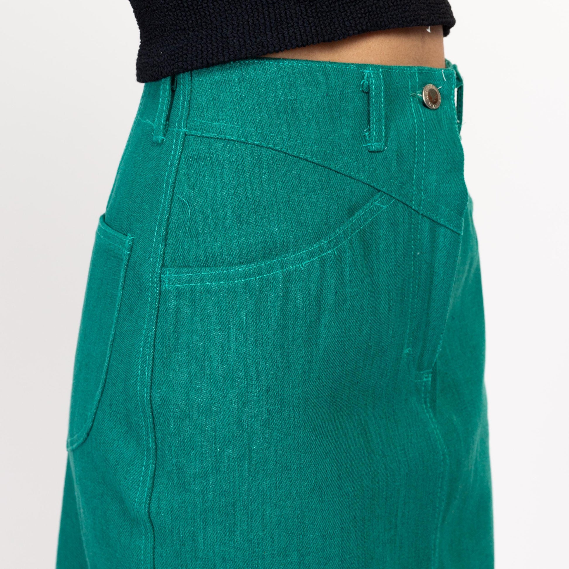 Small 80s 90s Turquoise Denim Mini Skirt 26.5" | Vintage High Waisted A Line Jean Skirt