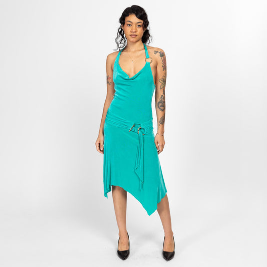 Medium Y2k Cache Aqua Scarf Hem Halter Dress | Vintage Low Back Cowl Neck Sexy Party Dress