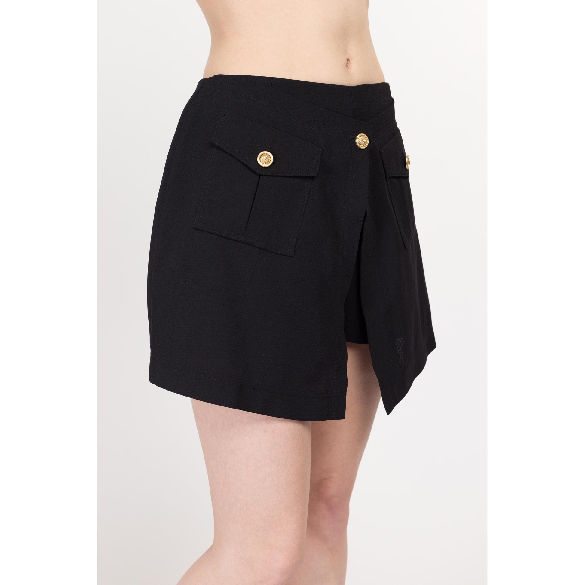 Small 90s Black Split Front Mini Skort 27" | Vintage High Waisted Gold Button Shorts Skirt