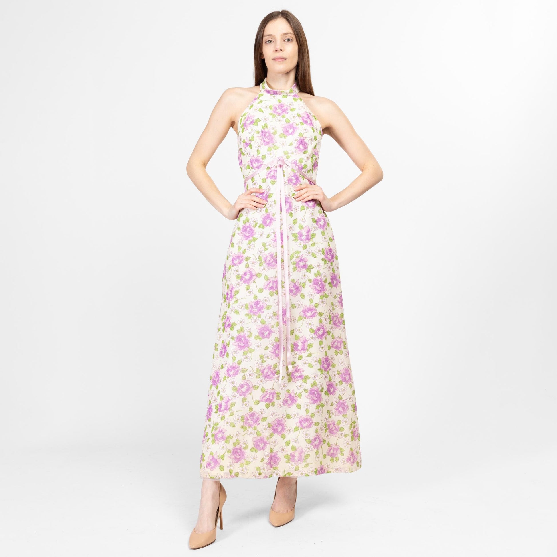 XS 70s White & Purple Floral A Line Gown – Flying Apple Vintage