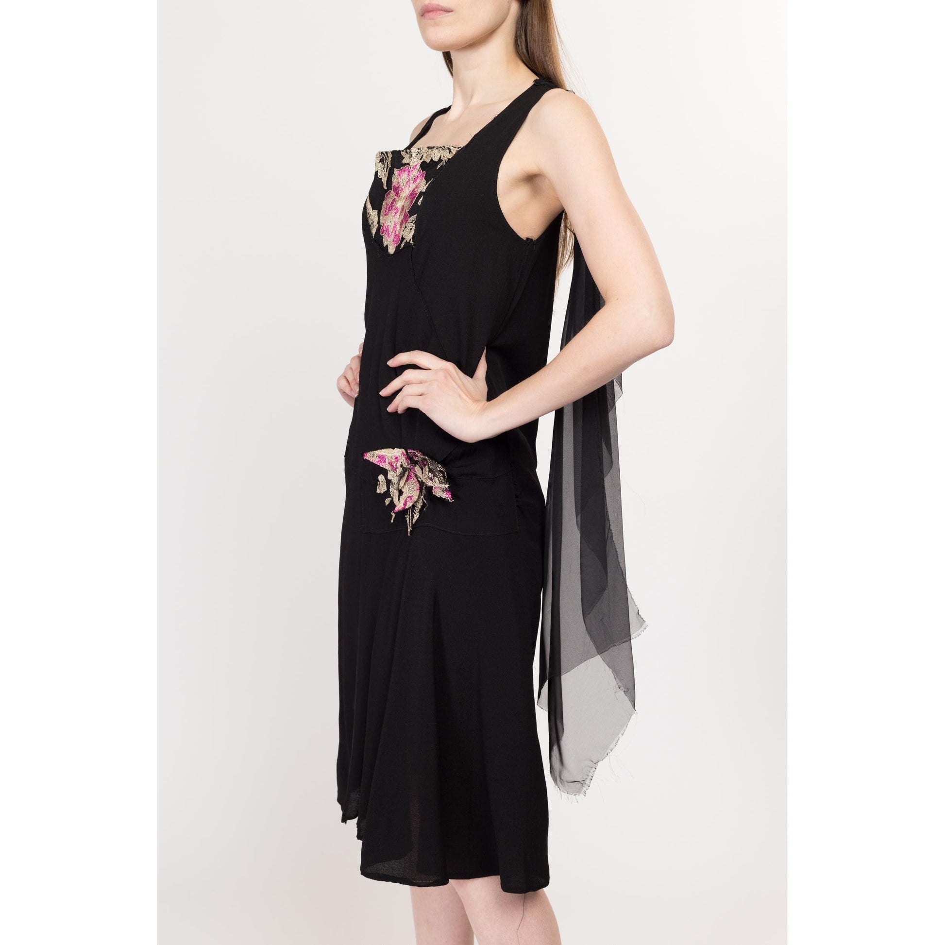 vintage flapper dress Small Vintage 1920s Style Black Floral Costume Flapper Dress – Flying Apple Vintage