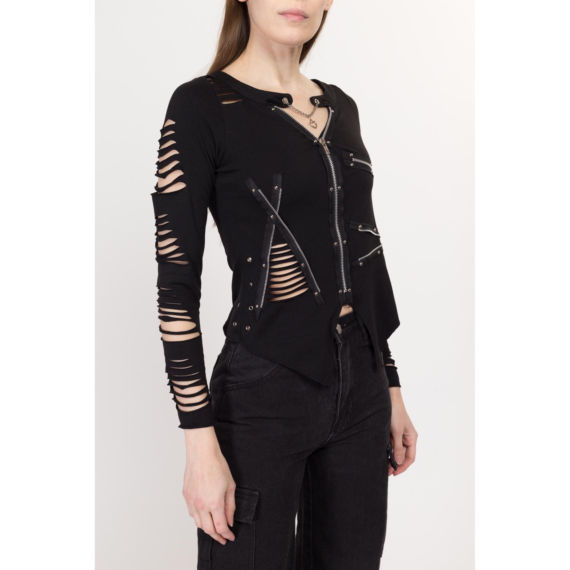 Small Y2K Gothic Black Slashed Zipper Top | Vintage Punk Heart Chain Long Sleeve Distressed Shirt