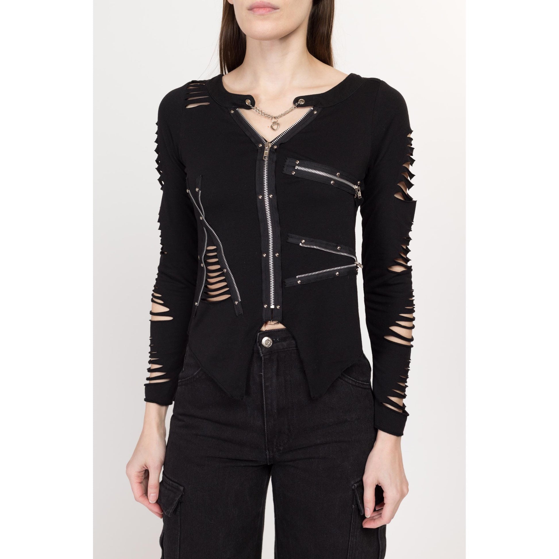 Small Y2K Gothic Black Slashed Zipper Top | Vintage Punk Heart Chain Long Sleeve Distressed Shirt