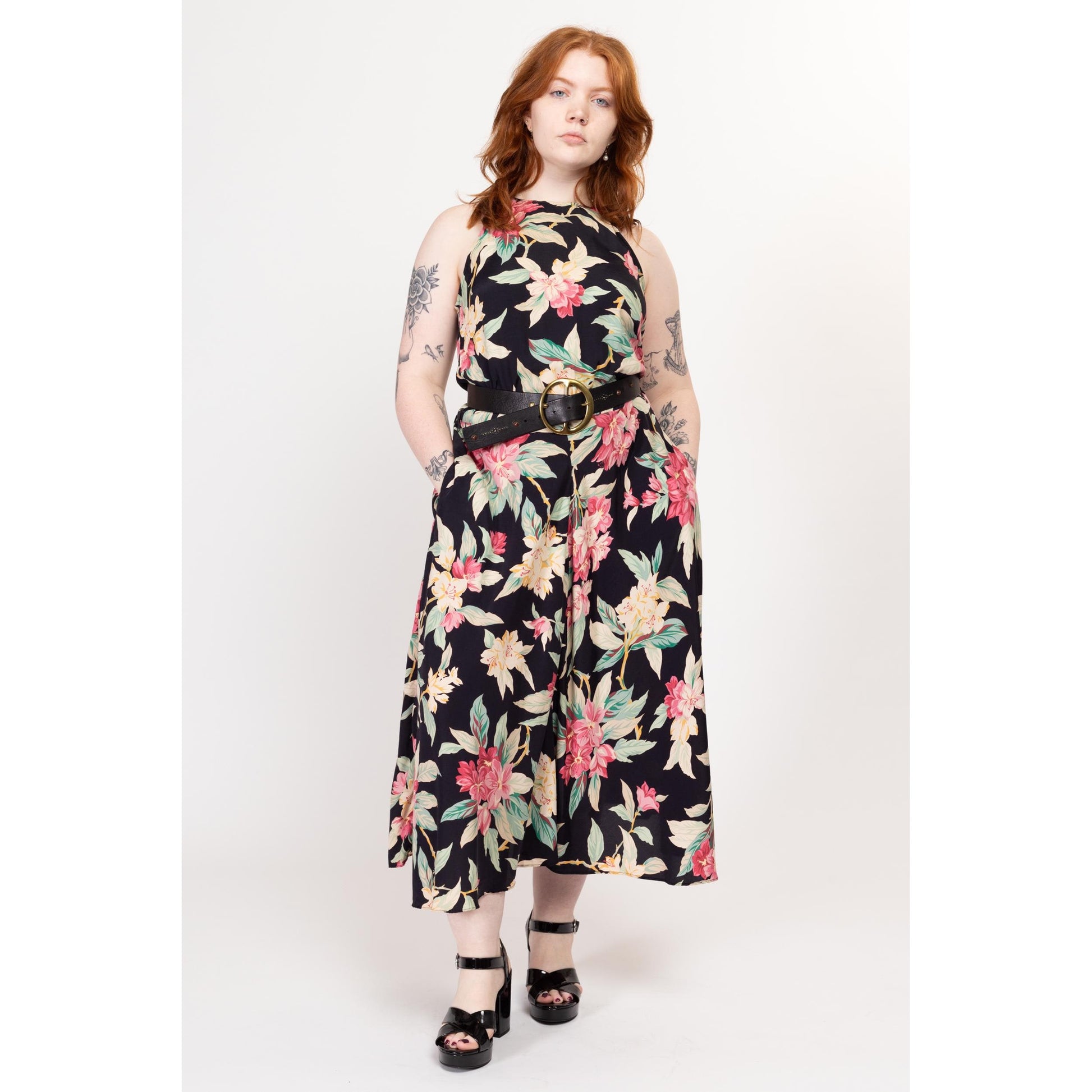 Large 90s Black Tropical Floral Rayon Maxi Sundress Large 90s Black Tropical Floral Rayon Maxi Sundress