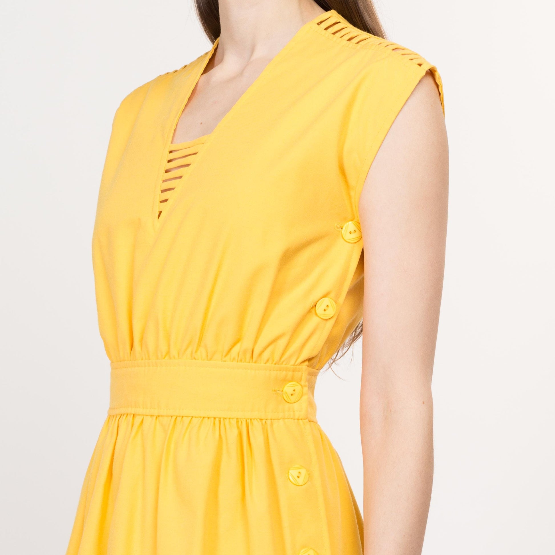XS 70s Yellow Cage Shoulder Midi Dress  Flying Apple Vintage