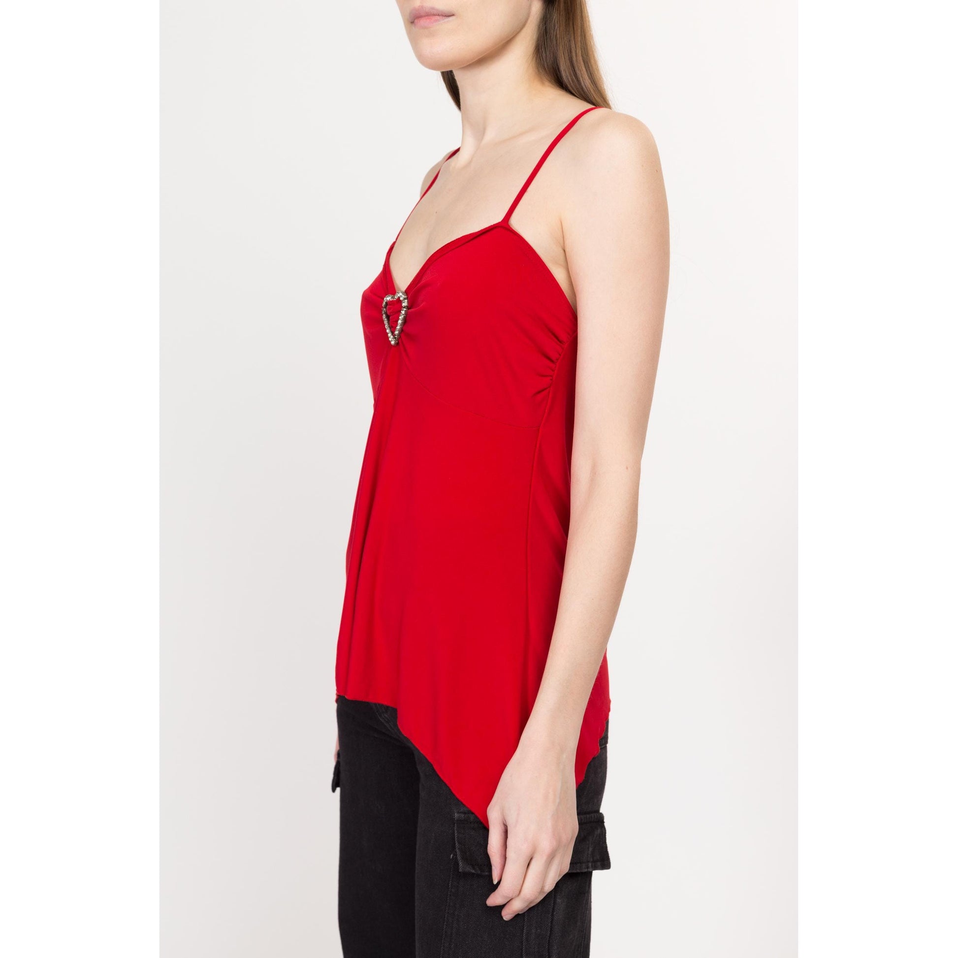 Medium Y2K Red Jeweled Heart Scarf Hem Cami Top | Vintage 2000s Valentine's Day Spaghetti Strap Club Tank Top