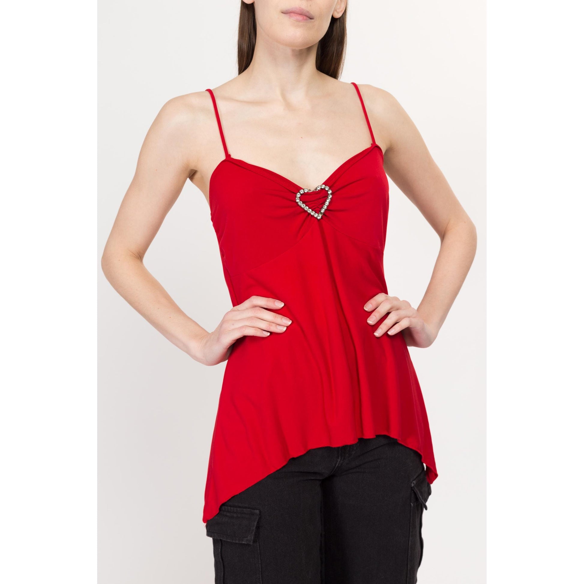 Medium Y2K Red Jeweled Heart Scarf Hem Cami Top | Vintage 2000s Valentine's Day Spaghetti Strap Club Tank Top