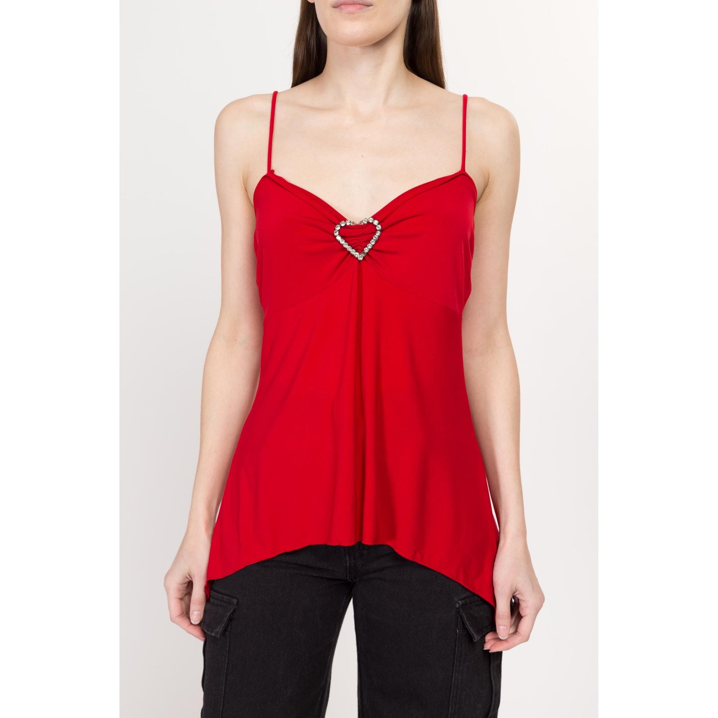 Medium Y2K Red Jeweled Heart Scarf Hem Cami Top | Vintage 2000s Valentine's Day Spaghetti Strap Club Tank Top
