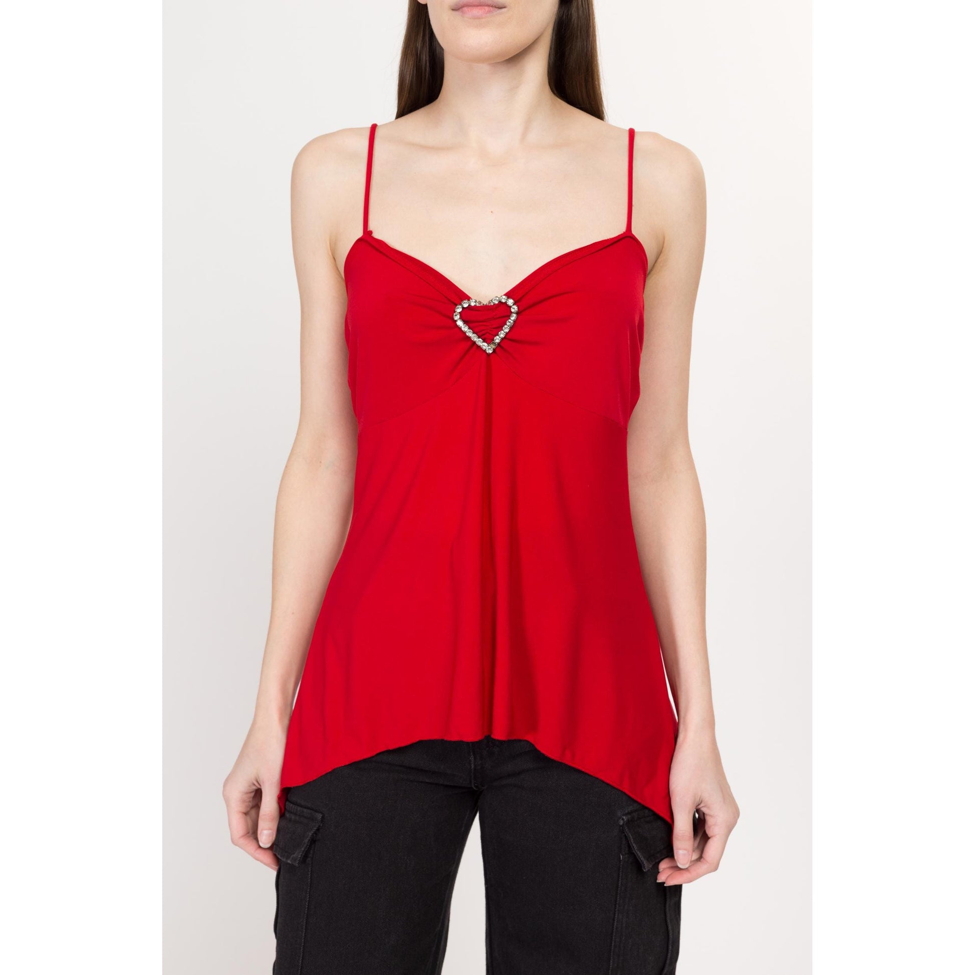 Medium Y2K Red Jeweled Heart Scarf Hem Cami Top | Vintage 2000s Valentine's Day Spaghetti Strap Club Tank Top