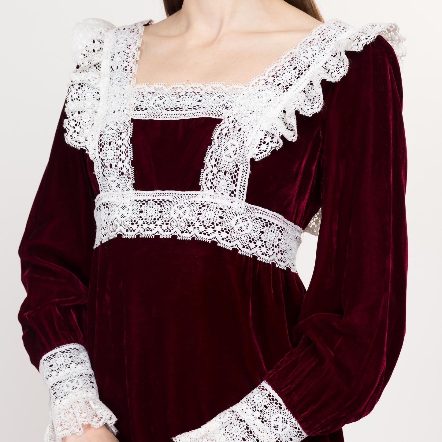 XS 60s Cherry Red Velvet & White Lace Babydoll Mini Dress | Vintage Square Neck Long Sleeve Party Dress