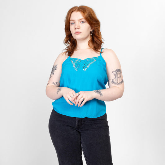 Large Y2K Boho Blue Butterfly Bali Crochet Cutout Cami Top | Vintage Spaghetti Strap Button Back Camisole Blouse