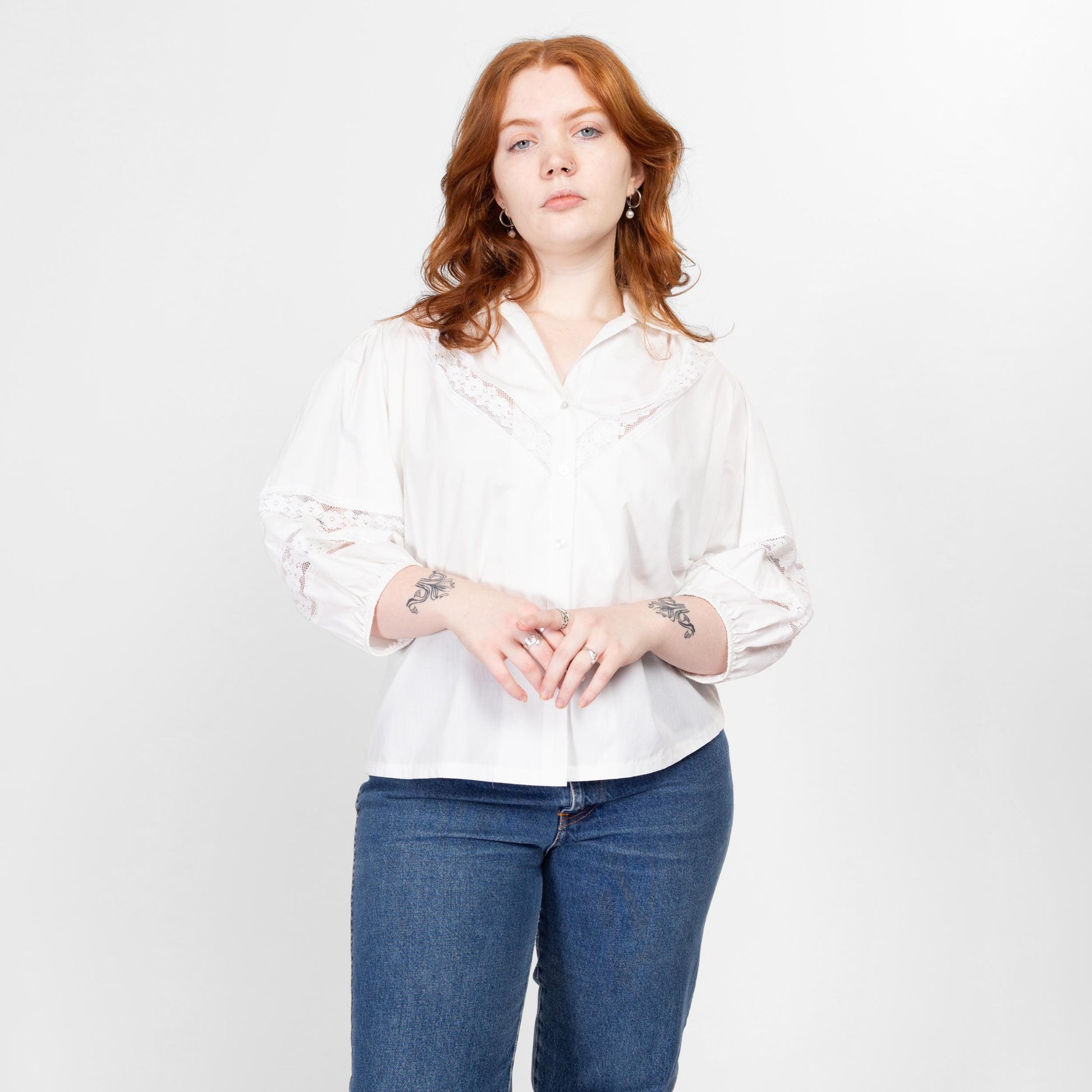 Large 70s White Balloon Sleeve Lace Trim Peasant Blouse | Vintage 3/4 Sleeve Boho Button Up Collared Shirt