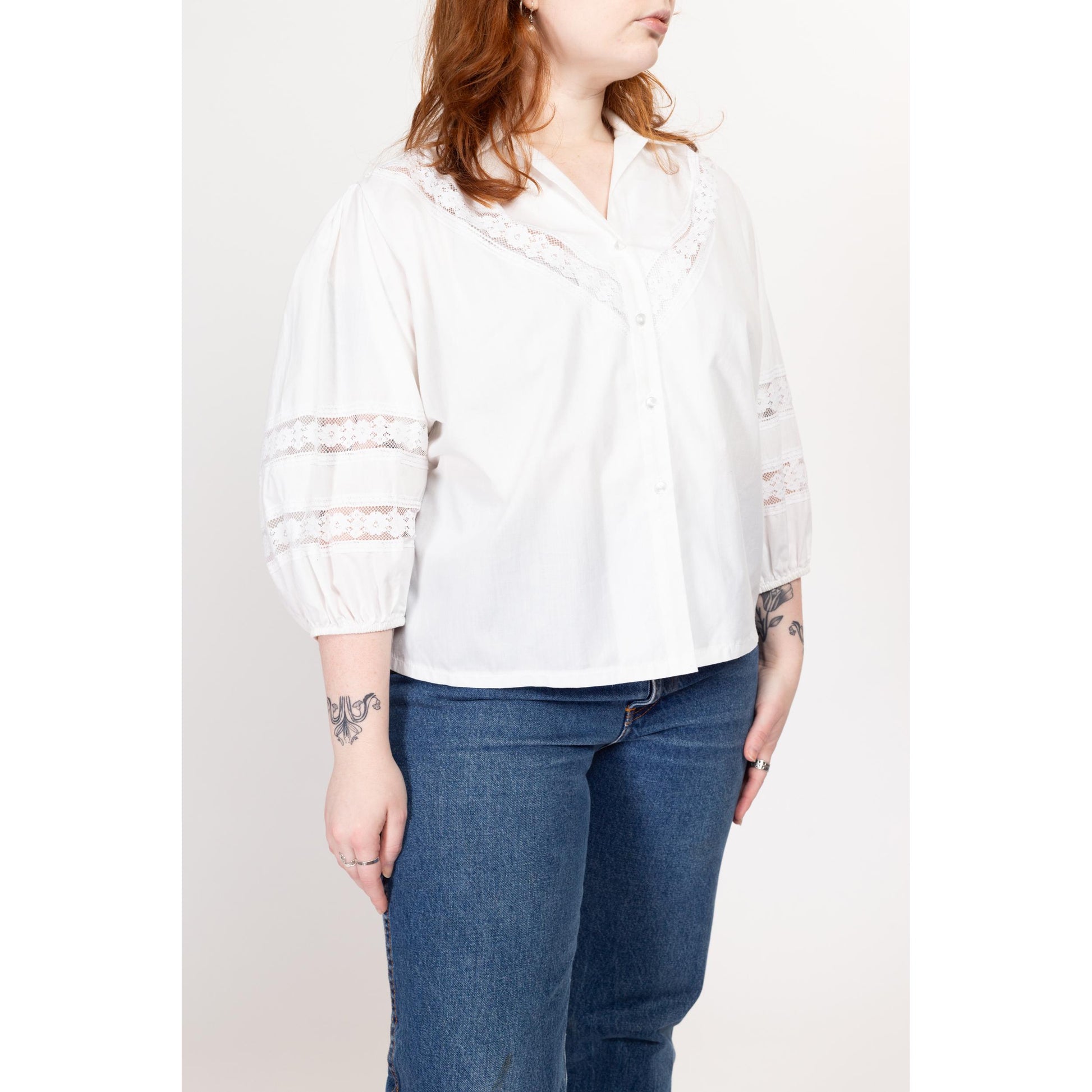 Large 70s White Balloon Sleeve Lace Trim Peasant Blouse | Vintage 3/4 Sleeve Boho Button Up Collared Shirt