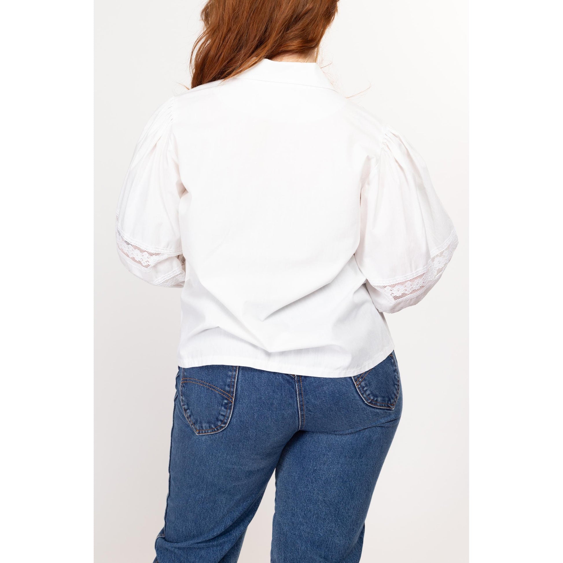 Large 70s White Balloon Sleeve Lace Trim Peasant Blouse | Vintage 3/4 Sleeve Boho Button Up Collared Shirt