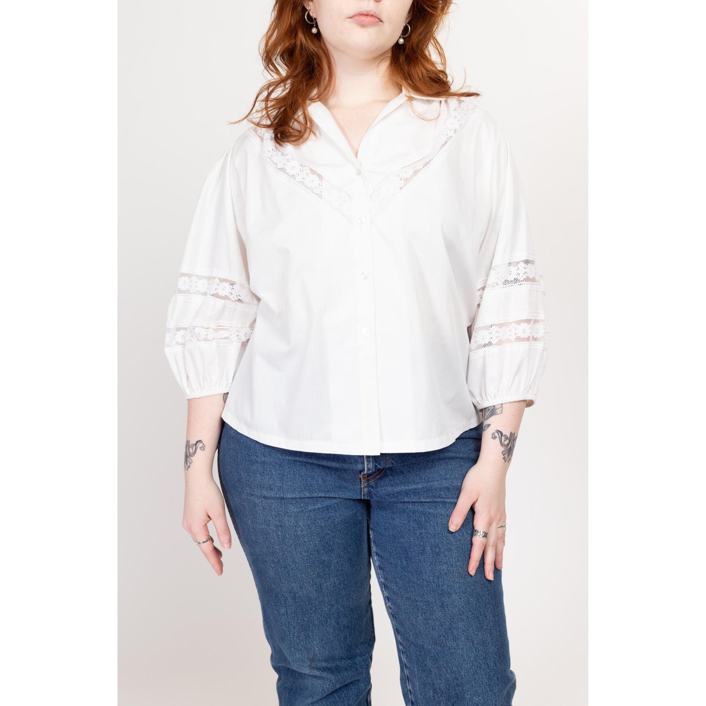 Large 70s White Balloon Sleeve Lace Trim Peasant Blouse | Vintage 3/4 Sleeve Boho Button Up Collared Shirt