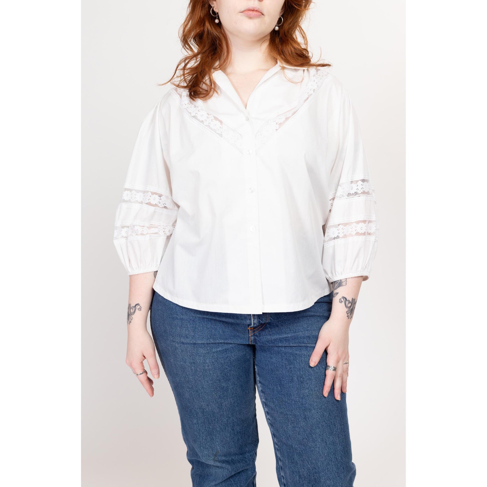 Large 70s White Balloon Sleeve Lace Trim Peasant Blouse | Vintage 3/4 Sleeve Boho Button Up Collared Shirt