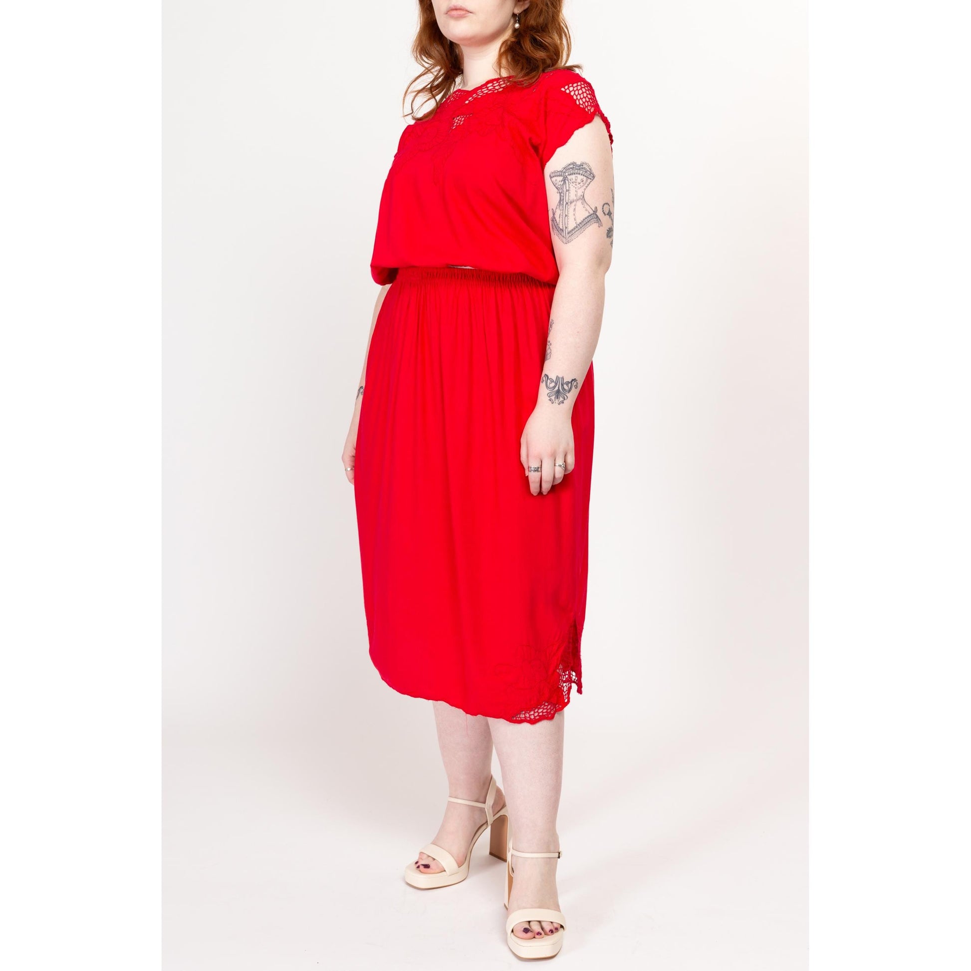 Large 90s Red Hibiscus Floral Bali Cutwork Crochet Top & Skirt Set | Vintage Boho Cap Sleeve Cut Out Sheer Mesh Hippie Outfit