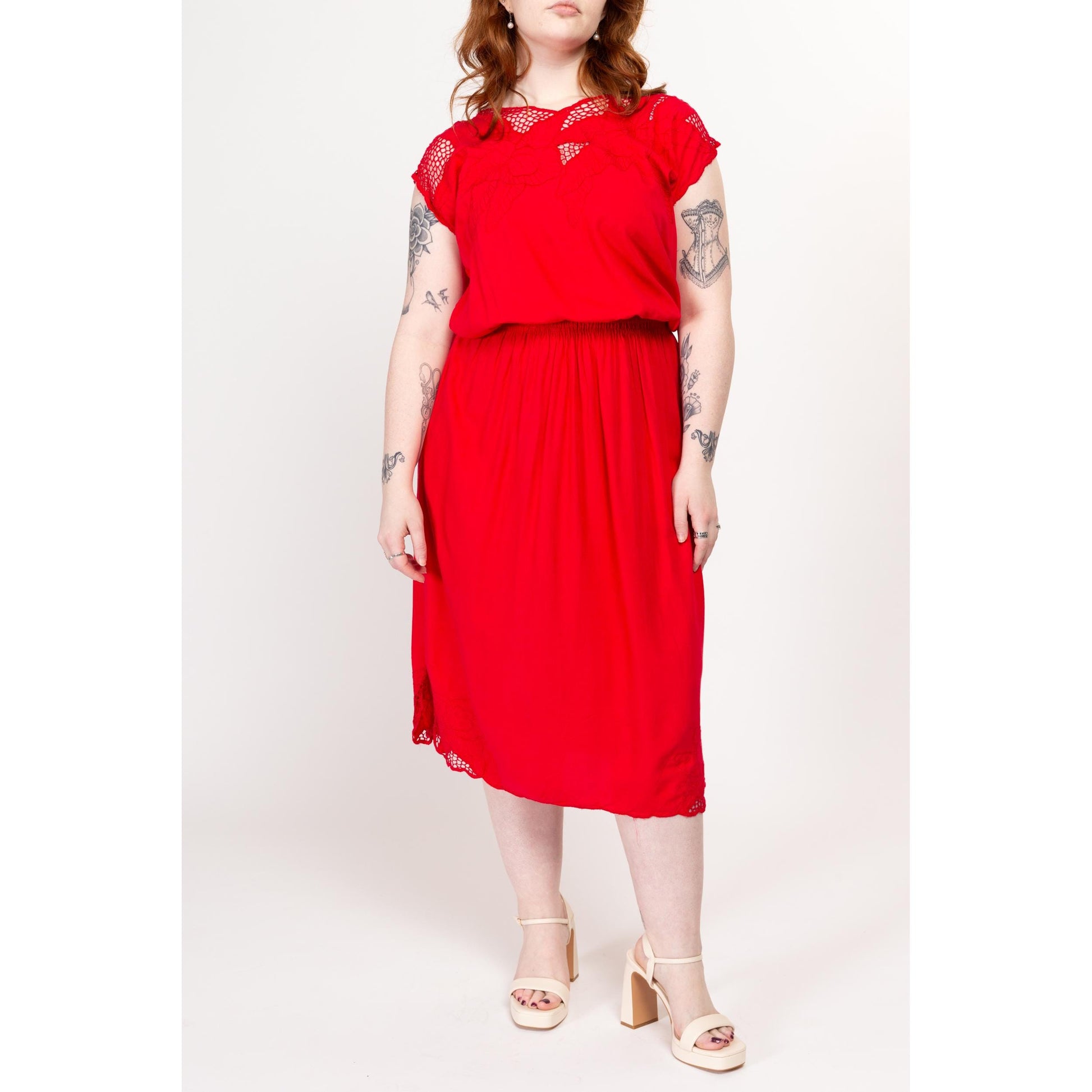 Large 90s Red Hibiscus Floral Bali Cutwork Crochet Top & Skirt Set | Vintage Boho Cap Sleeve Cut Out Sheer Mesh Hippie Outfit