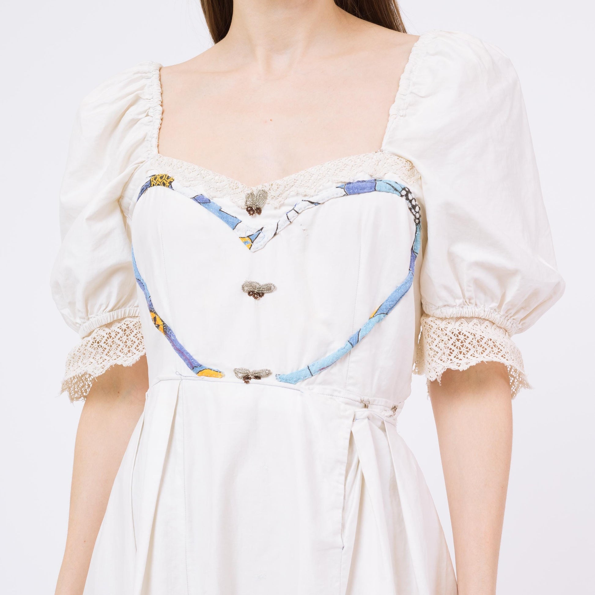 Medium Antique 1900s Romantic White Cotton Heart Applique Dress | Vintage Edwardian Lace Puff Sleeve Prairie Wedding Gown