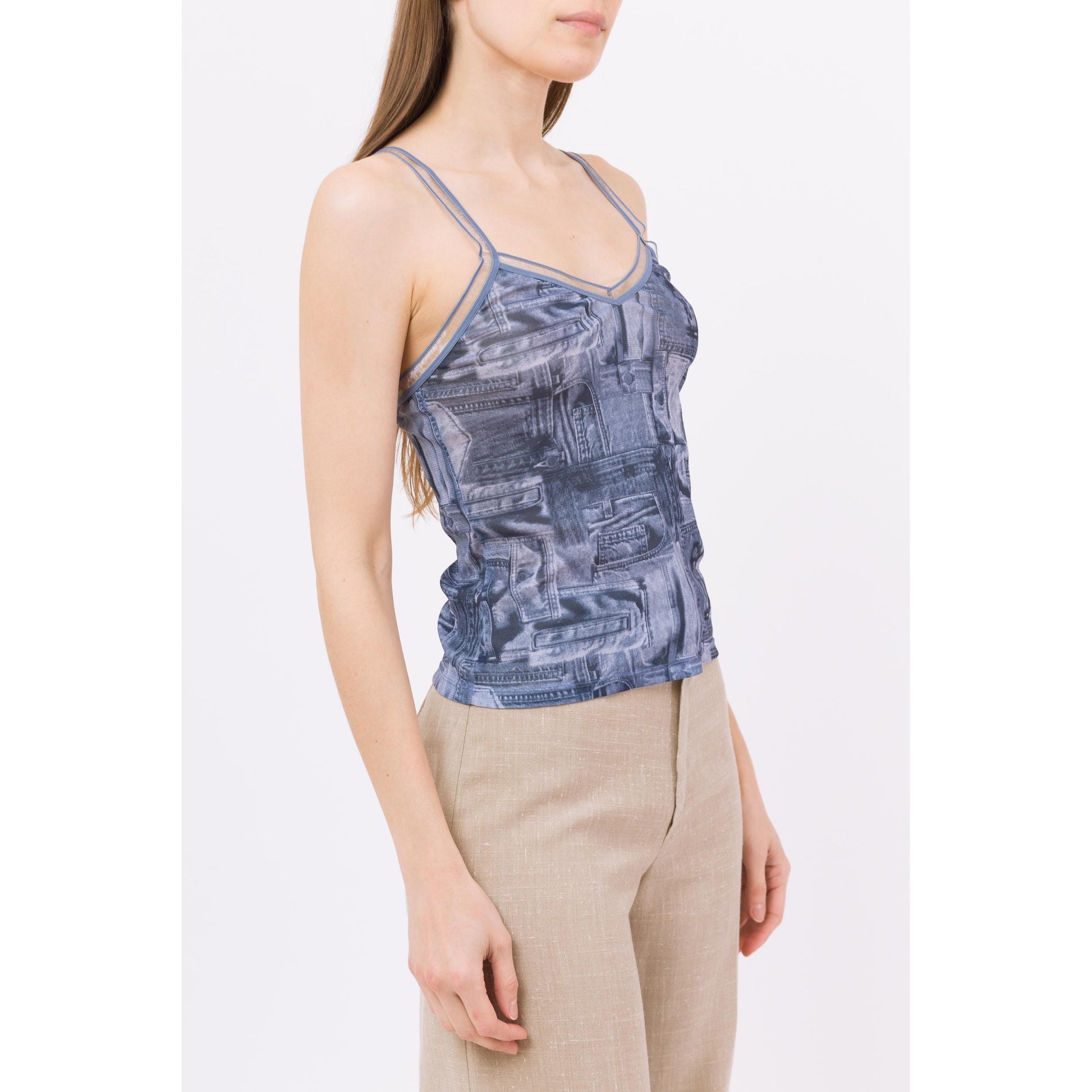 Small Y2K Blue Jean Pocket All Over Print Mesh Top | Vintage Sleeveless Denim Graphic Fitted Camisole Tank