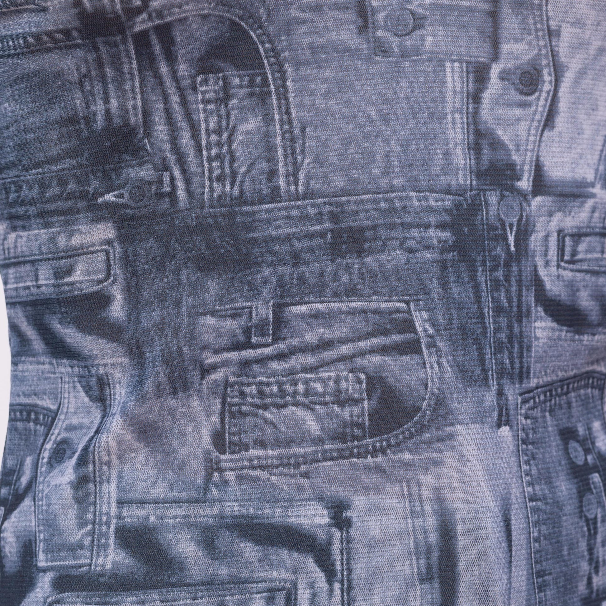 Small Y2K Blue Jean Pocket All Over Print Mesh Top | Vintage Sleeveless Denim Graphic Fitted Camisole Tank