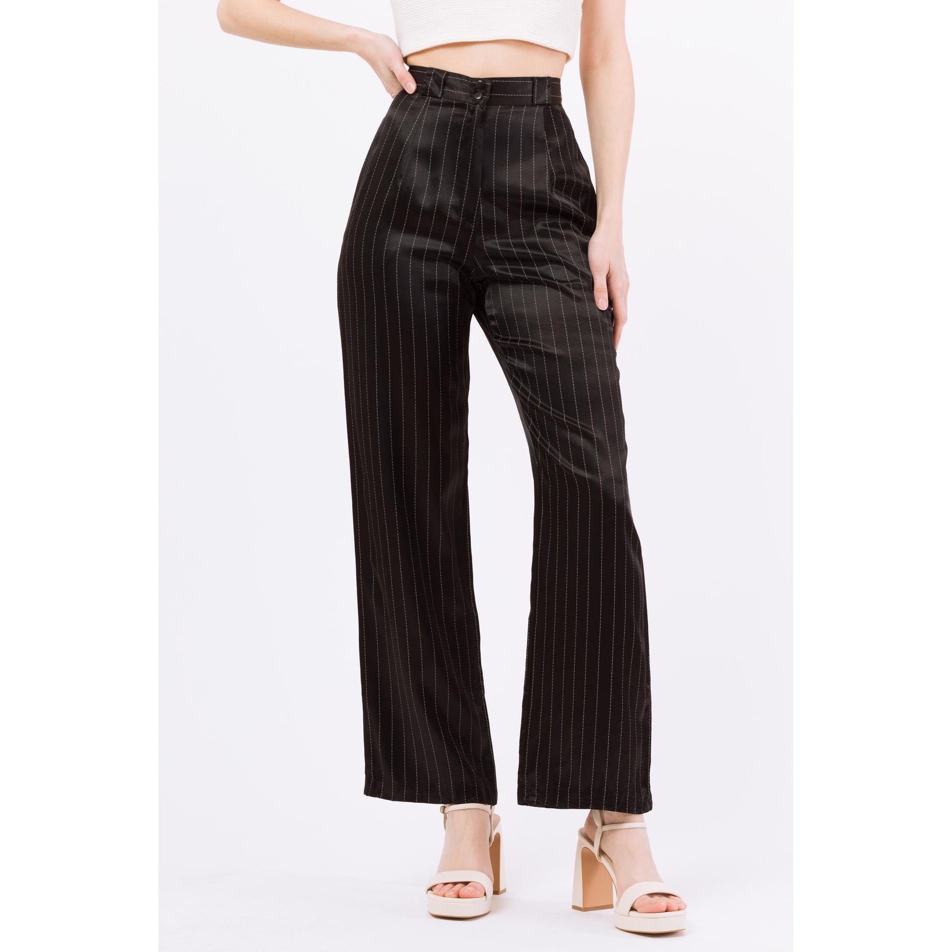 Small 90s Black Pinstriped Satin Straight Leg Trousers 27" | Retro Vintage High Waisted Striped Punk Pants