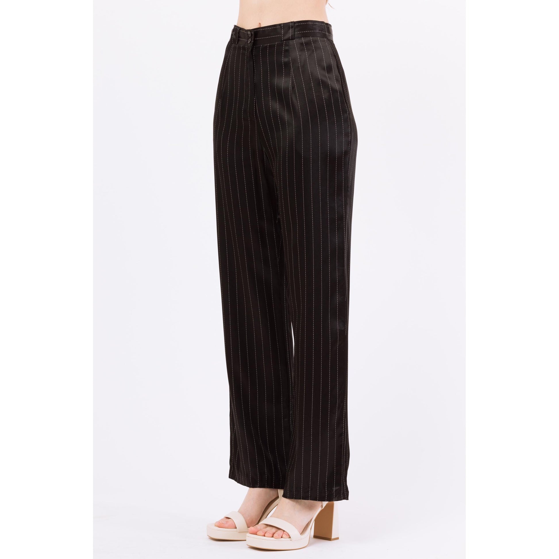 Small 90s Black Pinstriped Satin Straight Leg Trousers 27" | Retro Vintage High Waisted Striped Punk Pants
