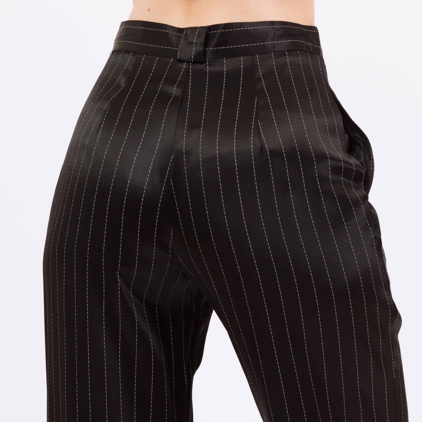 Small 90s Black Pinstriped Satin Straight Leg Trousers 27" | Retro Vintage High Waisted Striped Punk Pants