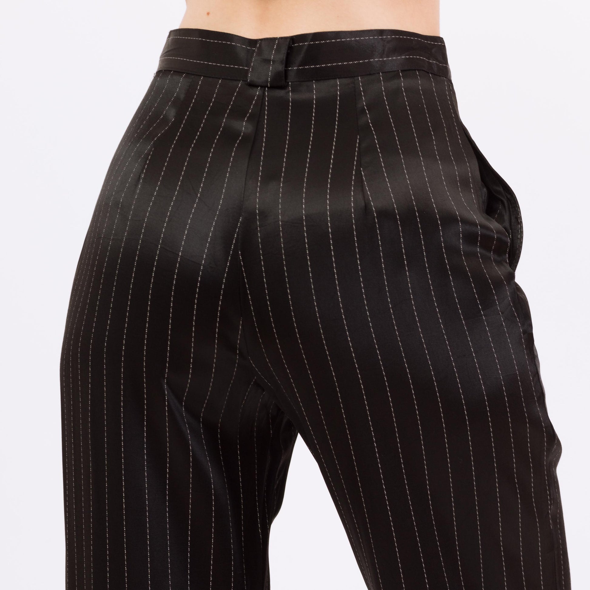 Small 90s Black Pinstriped Satin Straight Leg Trousers 27" | Retro Vintage High Waisted Striped Punk Pants