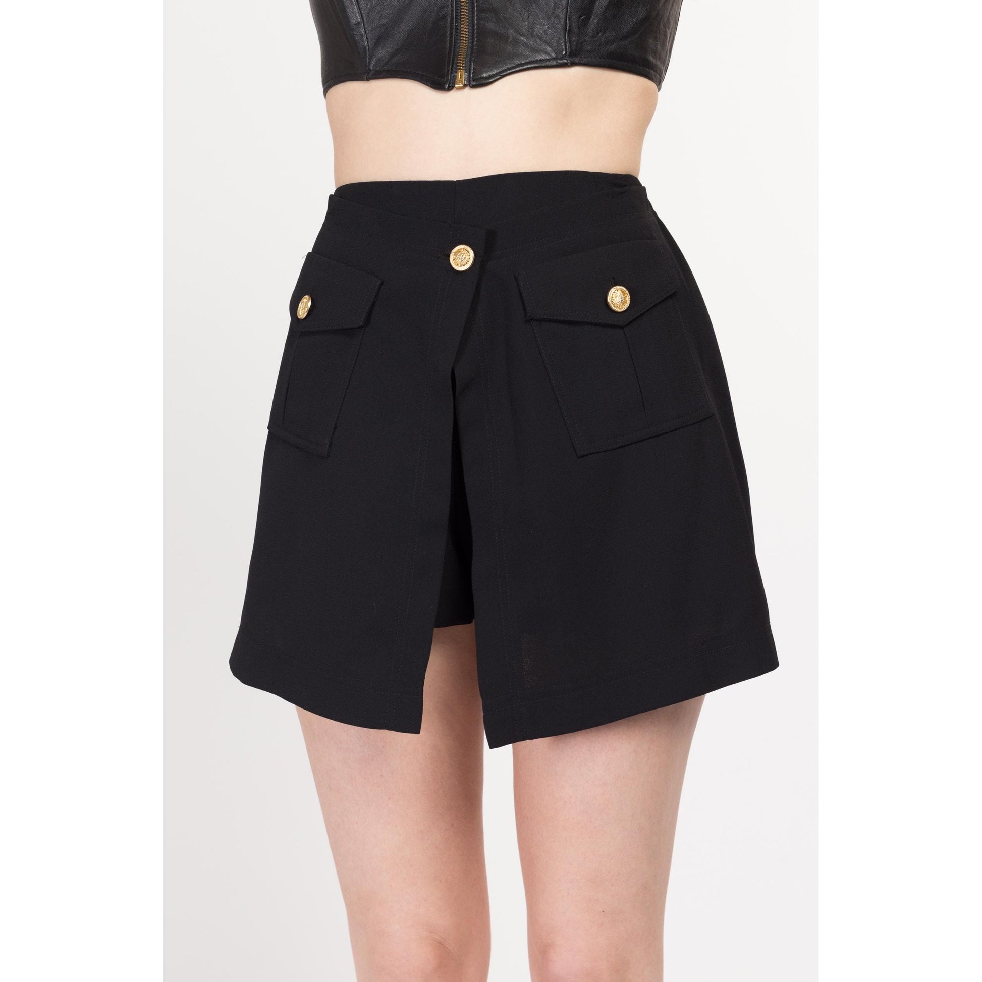 Small 90s Black Split Front Mini Skort 27" | Vintage High Waisted Gold Button Shorts Skirt
