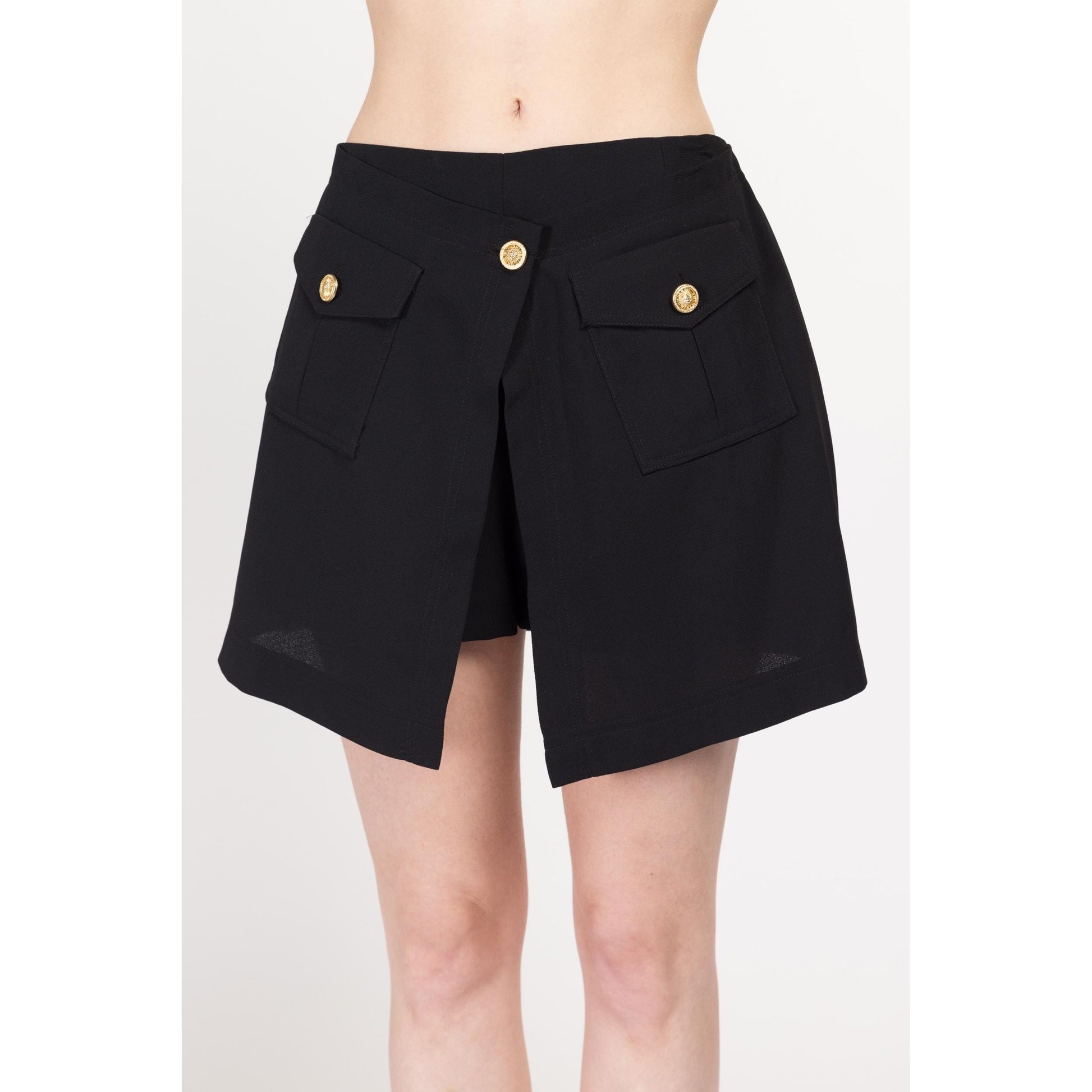 Small 90s Black Split Front Mini Skort 27" | Vintage High Waisted Gold Button Shorts Skirt