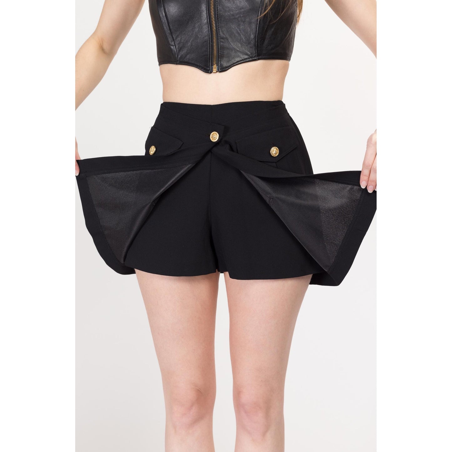Small 90s Black Split Front Mini Skort 27" | Vintage High Waisted Gold Button Shorts Skirt