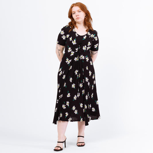 Vintage 90s Black Daisy Floral Print Corset Tie Midi Dress - Large | Short Sleeve Boho Rayon Grunge Dress