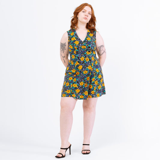 Vintage 80s 90s Blue & Yellow Floral Wrap Front Romper - Large | Sleeveless V Neck Button Up Wide Leg Playsuit