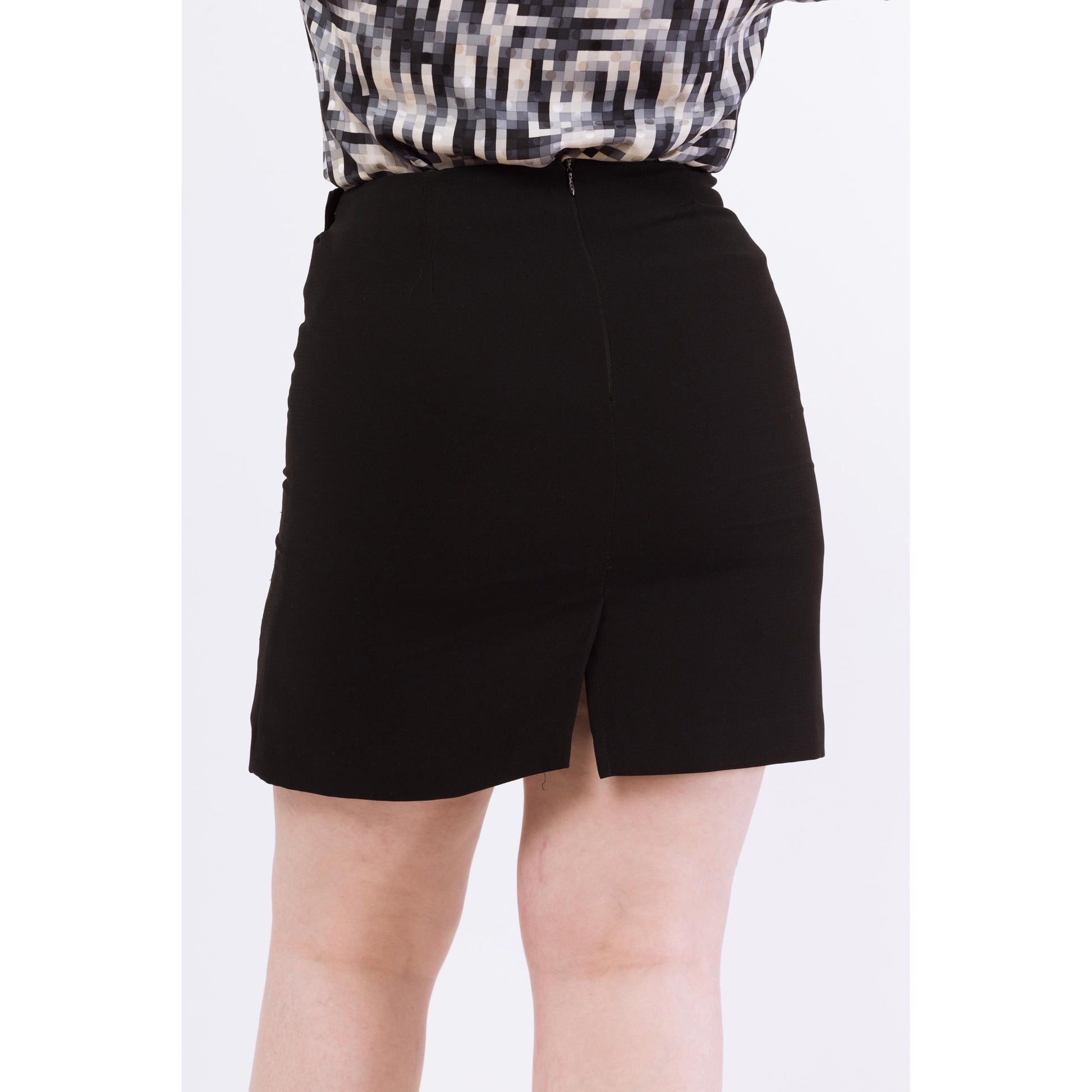 Vintage 90s Black Belted High Waisted Mini Skirt - Large, 30”-32” | Minimalist Pencil Skirt