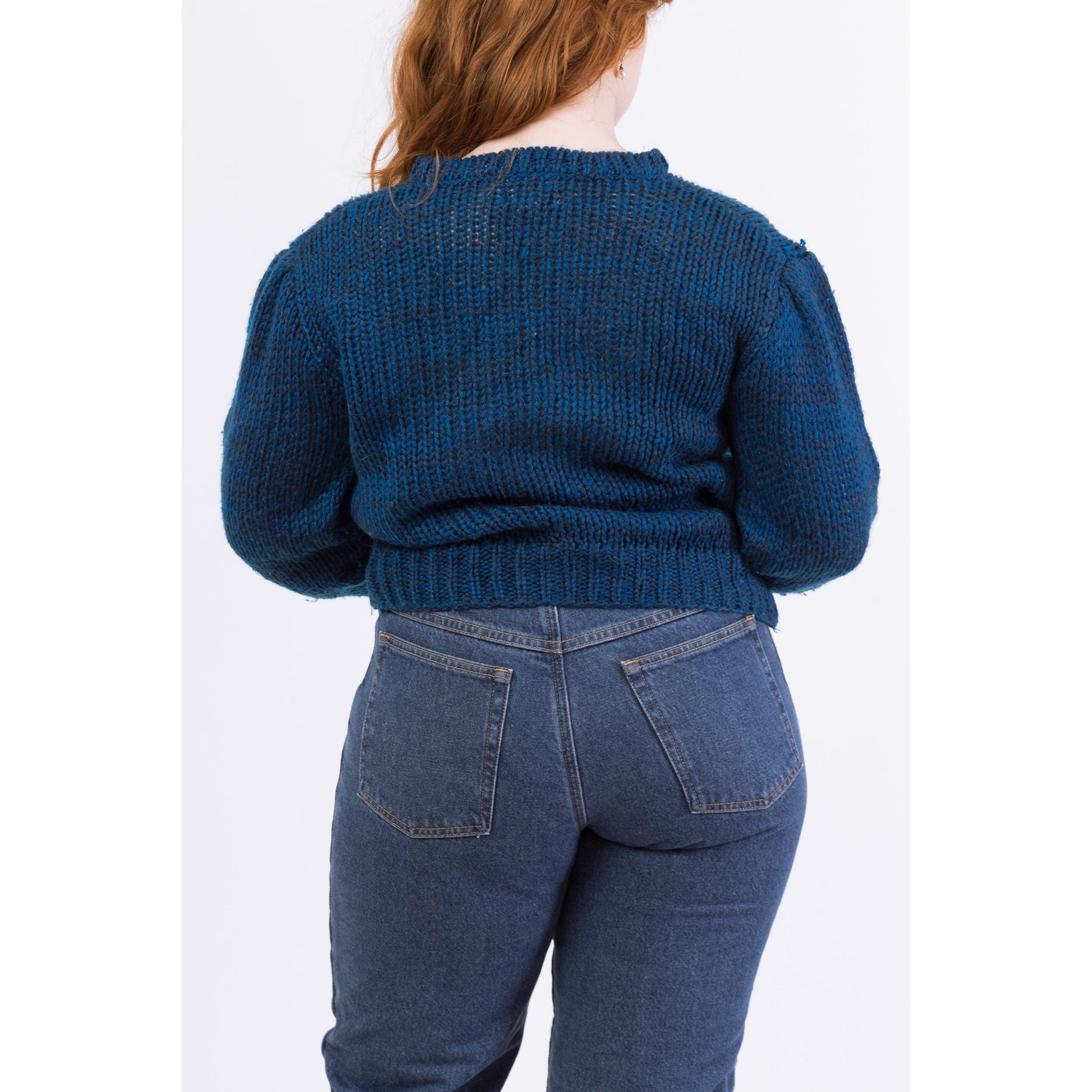Vintage 80s Dark Blue Argyle Cropped Hand Knit Sweater - Medium | Slouchy Preppy Grunge Pullover Jumper, Retro Knitwear