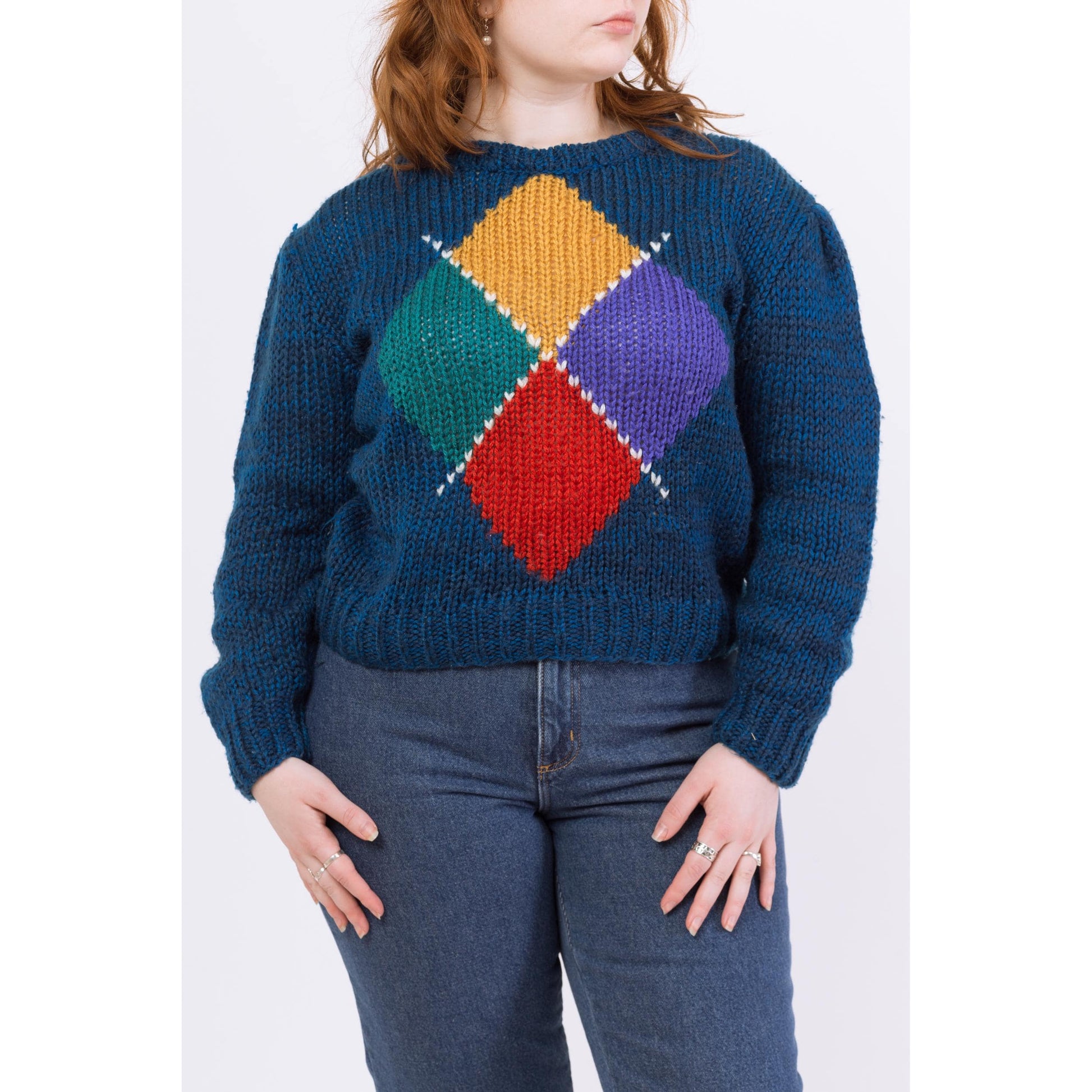 Vintage 80s Dark Blue Argyle Cropped Hand Knit Sweater - Medium | Slouchy Preppy Grunge Pullover Jumper, Retro Knitwear
