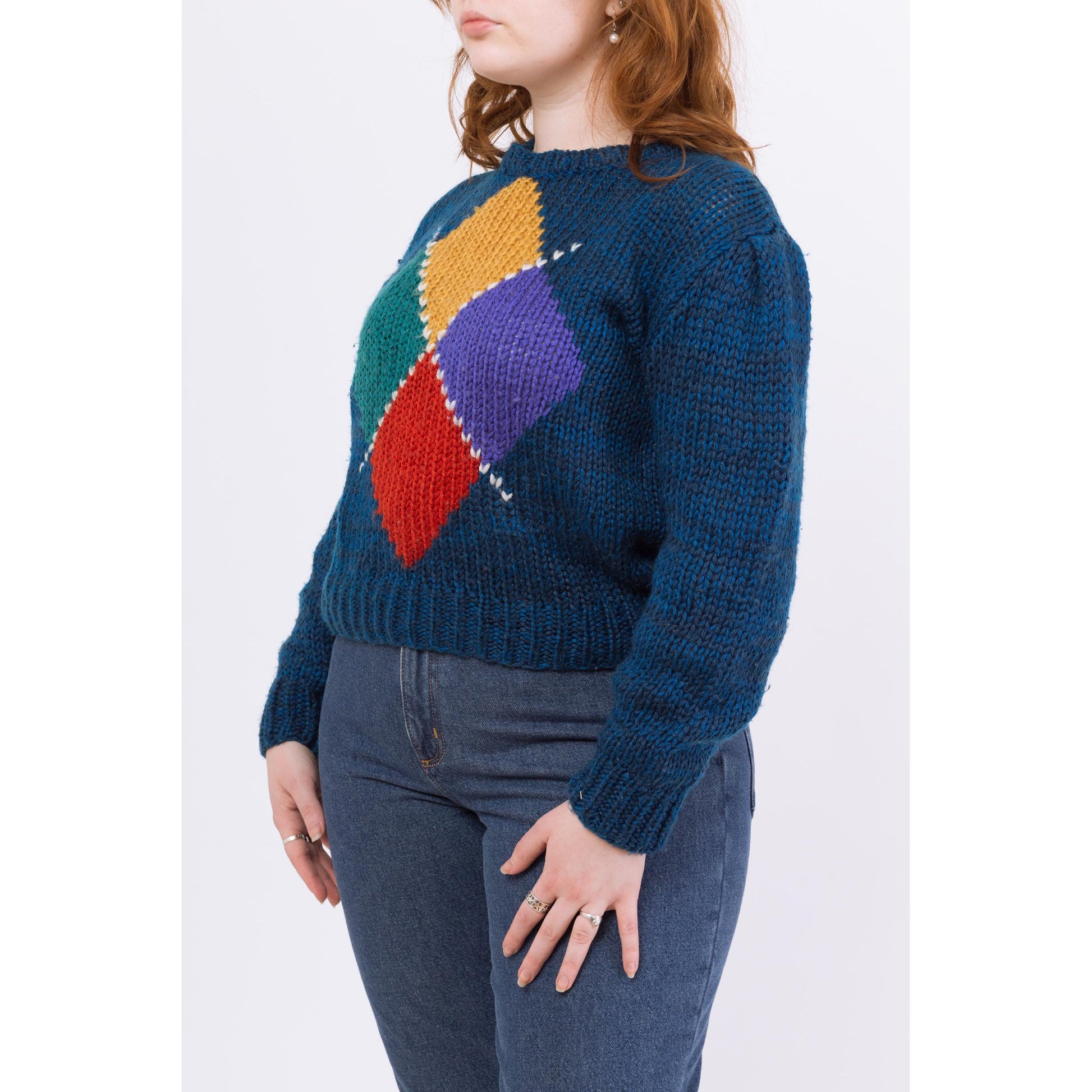 Vintage 80s Dark Blue Argyle Cropped Hand Knit Sweater - Medium | Slouchy Preppy Grunge Pullover Jumper, Retro Knitwear