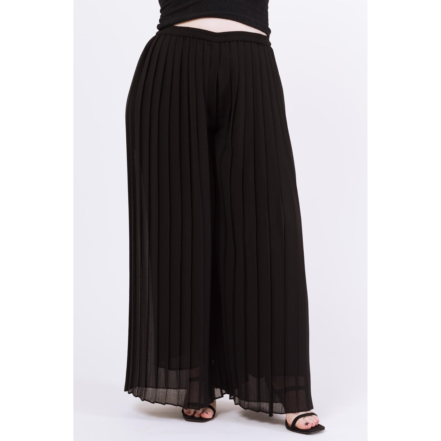 Vintage 90s Black Chiffon Pleated Sheer Illusion Pants - Large to XL | High Waisted Wide Leg Palazzo Trousers