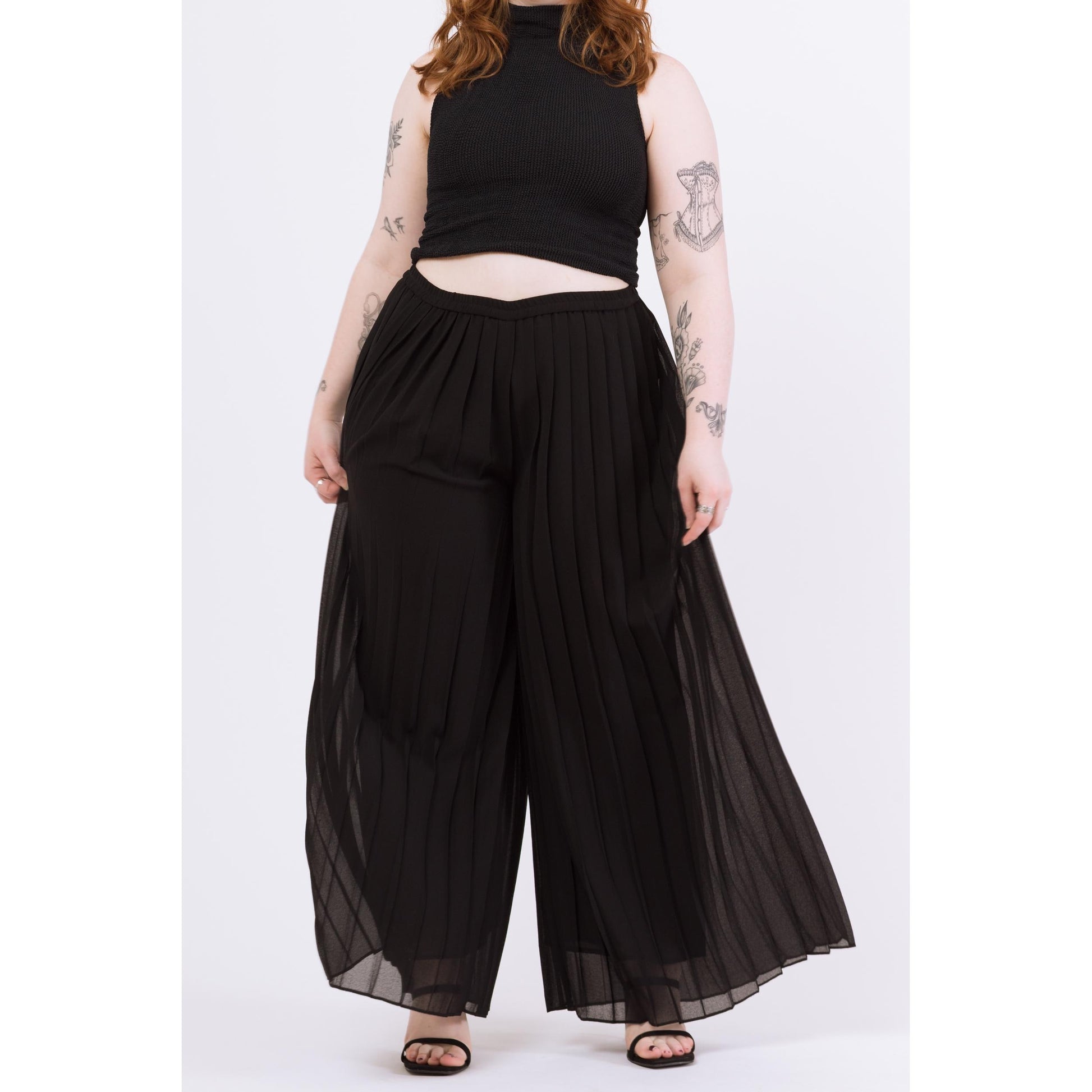 Vintage 90s Black Chiffon Pleated Sheer Illusion Pants - Large to XL | High Waisted Wide Leg Palazzo Trousers