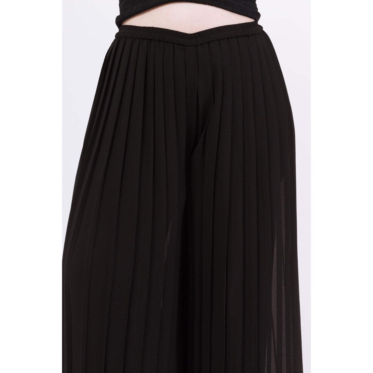 Vintage 90s Black Chiffon Pleated Sheer Illusion Pants - Large to XL | High Waisted Wide Leg Palazzo Trousers