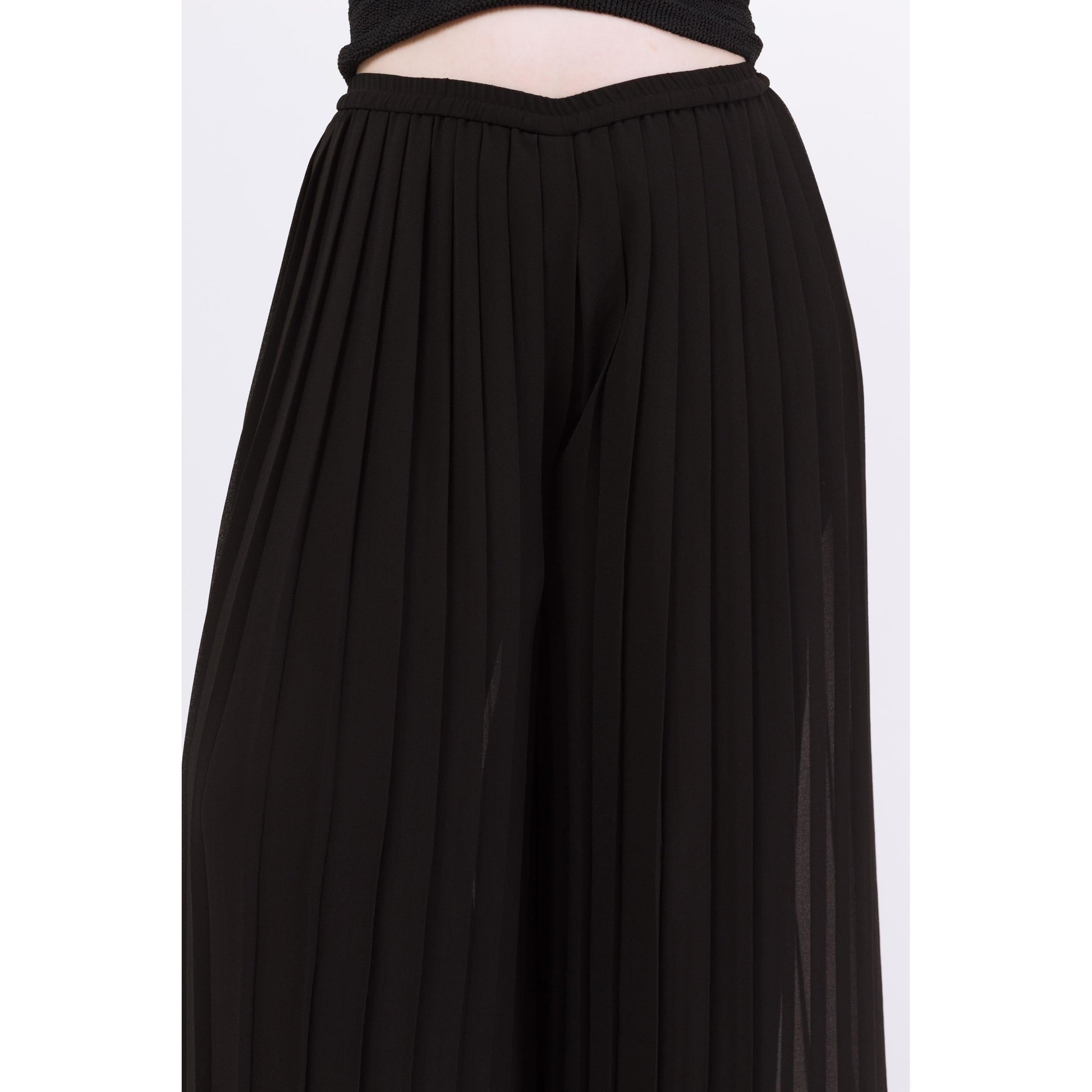 Vintage 90s Black Chiffon Pleated Sheer Illusion Pants - Large to XL | High Waisted Wide Leg Palazzo Trousers