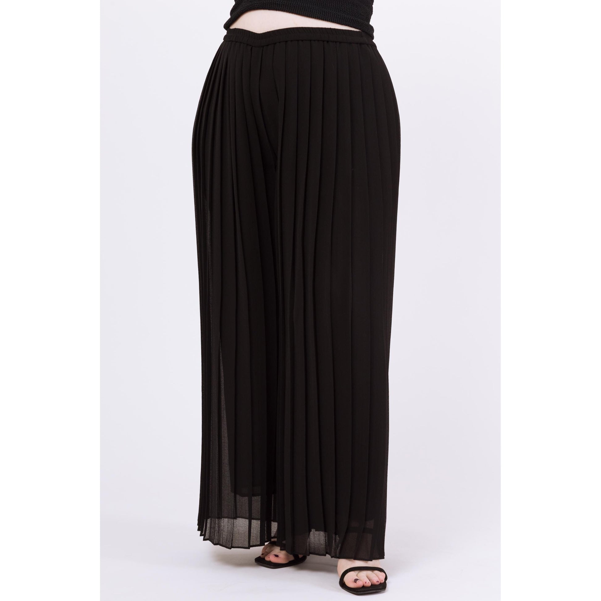 Vintage 90s Black Chiffon Pleated Sheer Illusion Pants - Large to XL | High Waisted Wide Leg Palazzo Trousers