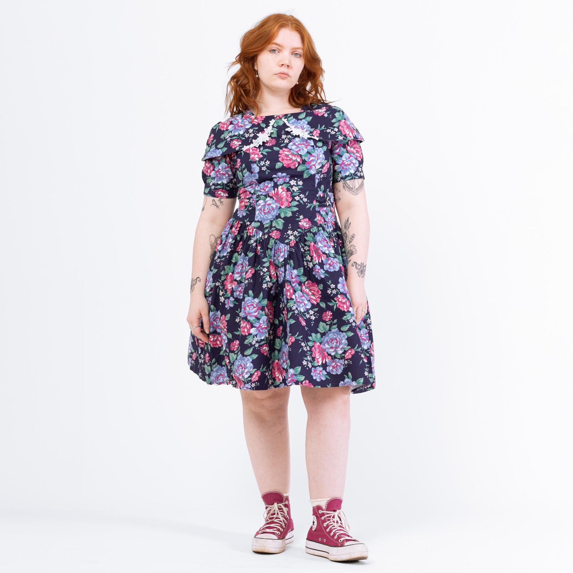 Vintage 80s Navy Blue Floral Cotton Party Dress - Medium to Large | Princess Waist Fit & Flare Retro Cape Collar Knee Length Dress