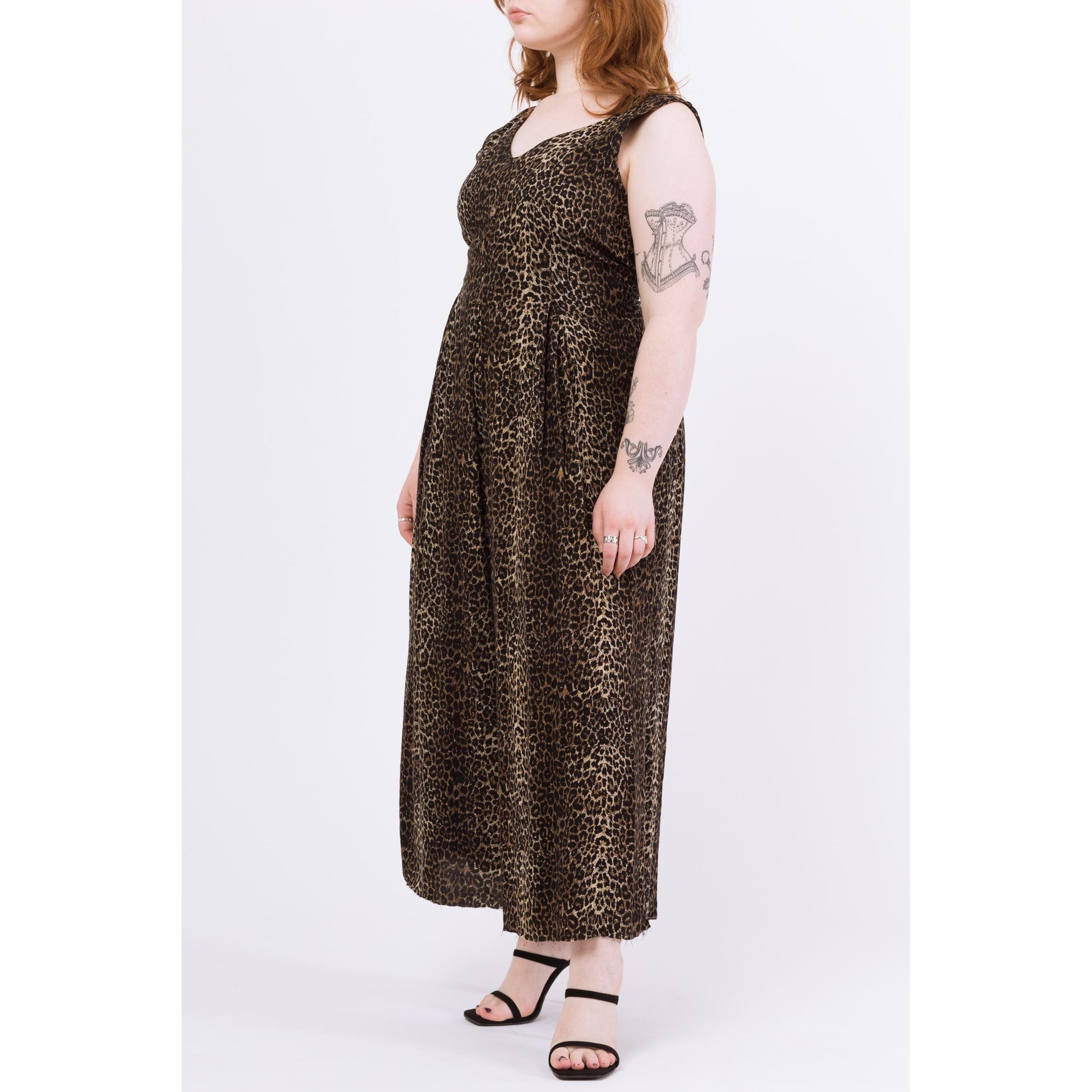 Vintage 80s Soft Leopard Print Wide Leg Jumpsuit - Large | Sleeveless Grunge Lounge Pantsuit
