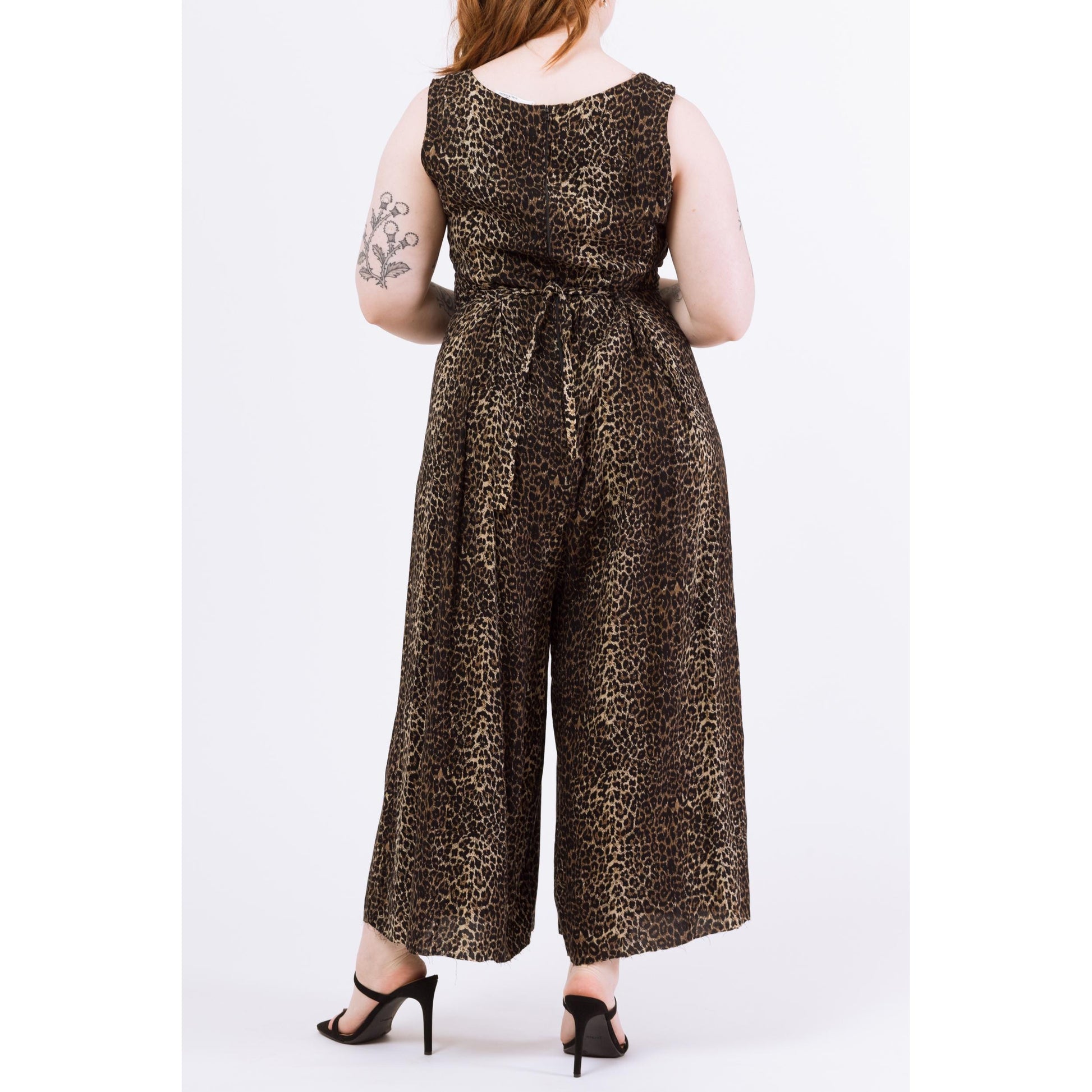 Vintage 80s Soft Leopard Print Wide Leg Jumpsuit - Large | Sleeveless Grunge Lounge Pantsuit