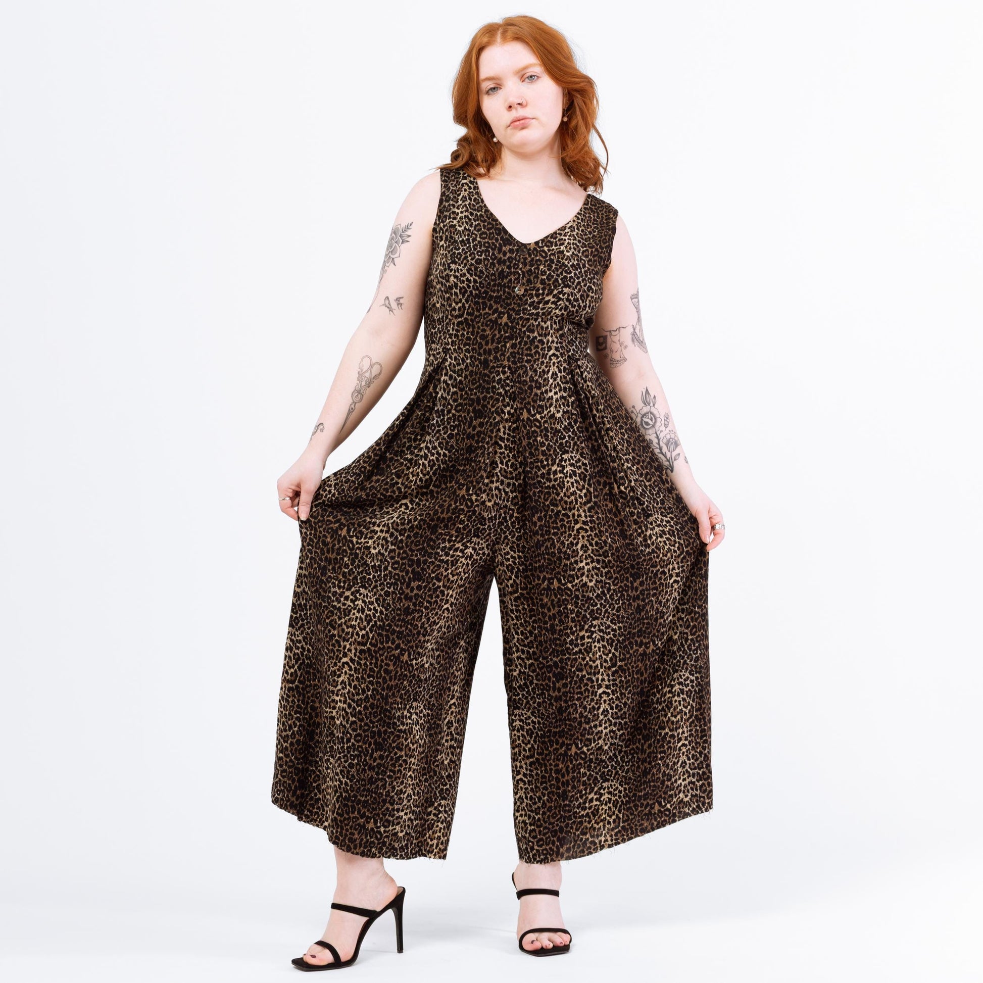 Vintage 80s Soft Leopard Print Wide Leg Jumpsuit - Large | Sleeveless Grunge Lounge Pantsuit