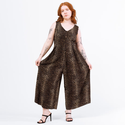 Vintage 80s Soft Leopard Print Wide Leg Jumpsuit - Large | Sleeveless Grunge Lounge Pantsuit