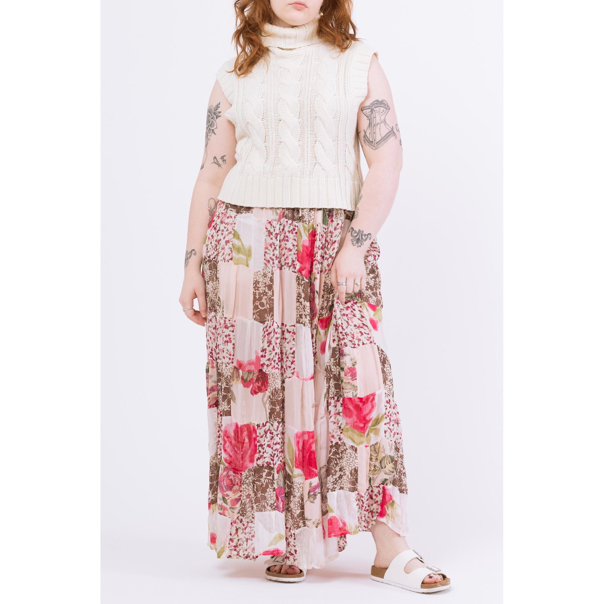 Vintage 90s Boho Sheer Floral Patchwork Rayon Broomstick Skirt - Large | Vintage Pink White Hippie Festival Maxi Skirt