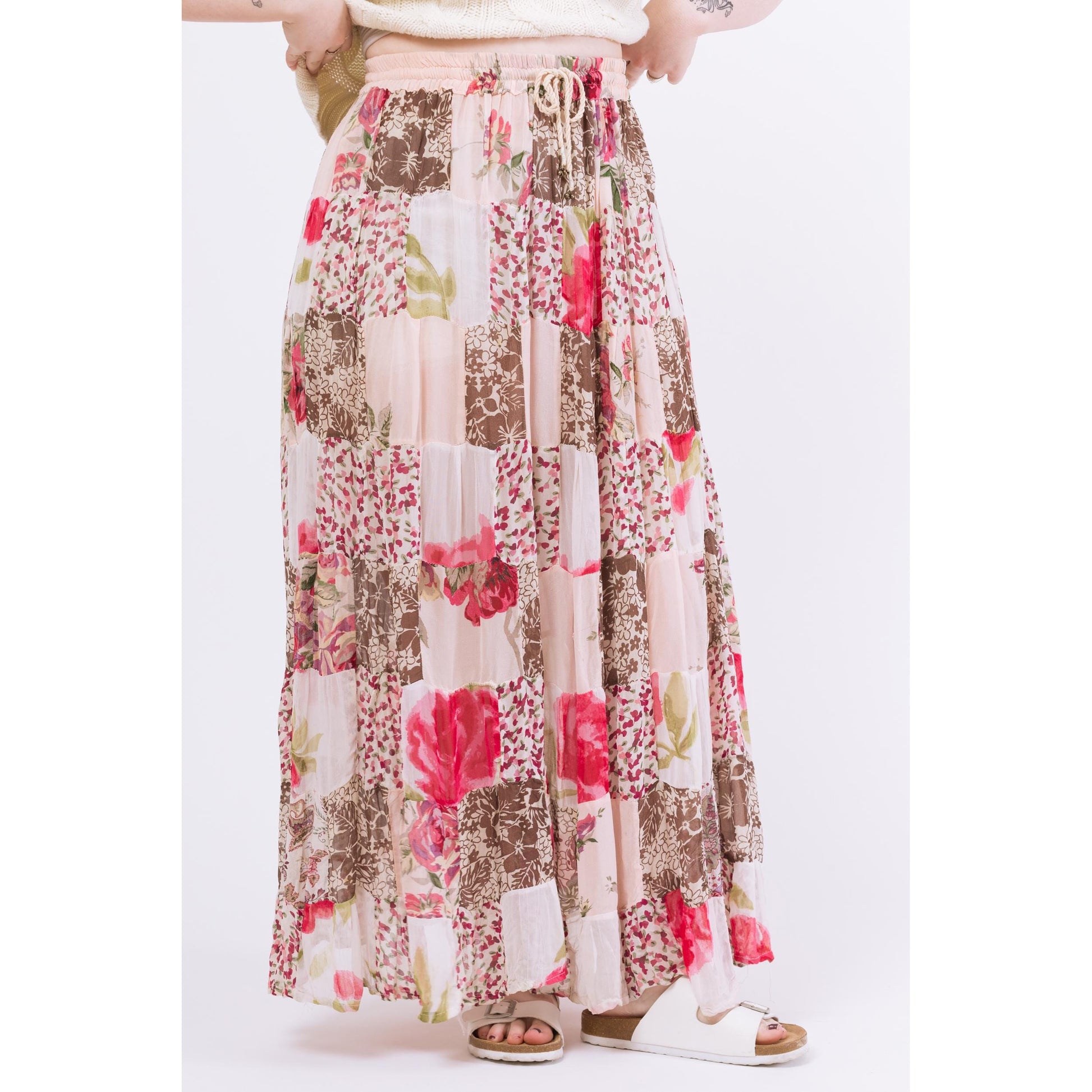 Vintage 90s Boho Sheer Floral Patchwork Rayon Broomstick Skirt - Large | Vintage Pink White Hippie Festival Maxi Skirt